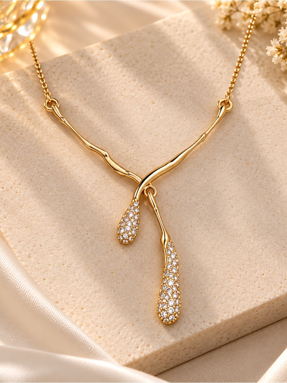 Gold Tone Crystal Y Drop Statement Necklace Elegant Evening Jewelry